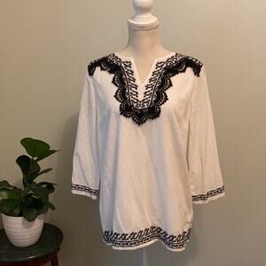 Talbots Black & White Embroidered V-neck Lined Cotton Tunic Size S